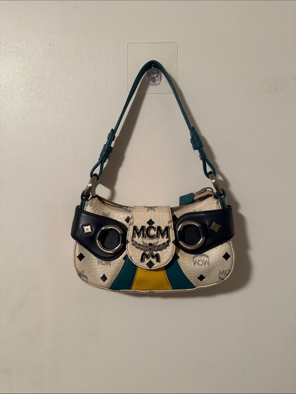 MCM White Logo Shoulder Bag with Teal, Yellow & Black Accents - Picture 2 of 12